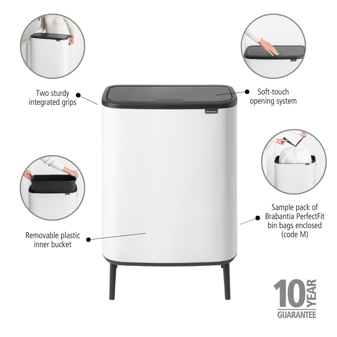 Brabantia Bo Hi Touch Top Trash Can - 16 Gal Inner Buckets (White) Waste/Recycling Garbage Can, Removable Compartment, Raised Le